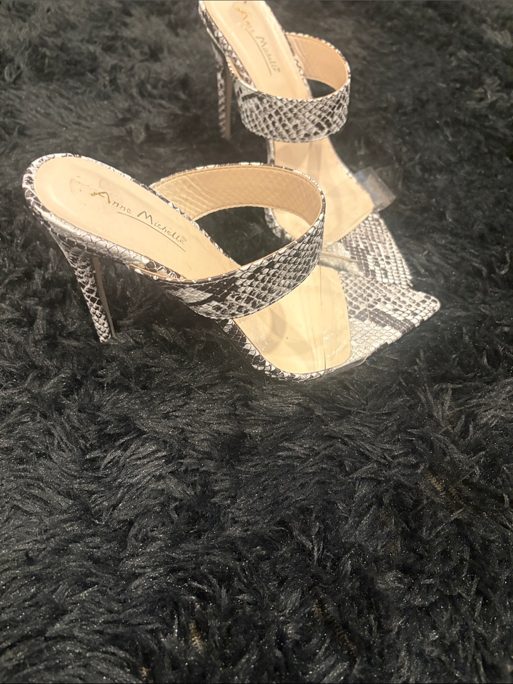 Anne Michelle Black & White Snake-Print Stiletto Slide Heels